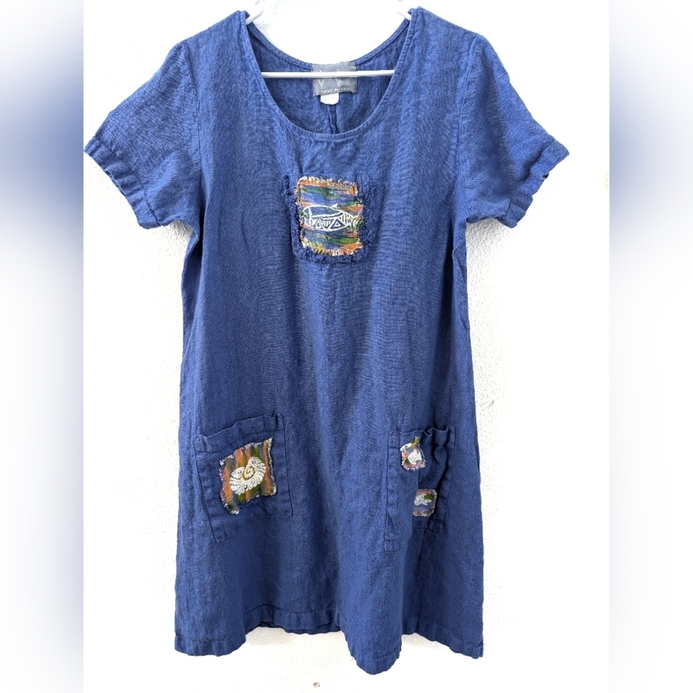 Cover Charge Vintage Linen Tunic Dress Blue Medium Patchwork 2413